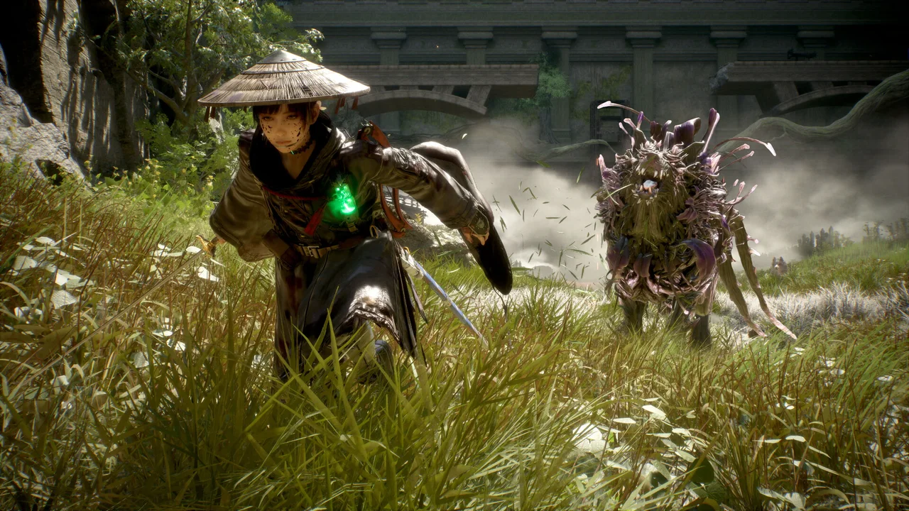 A towering mutant malefact looming over Emma, blight growths along its hulking frame