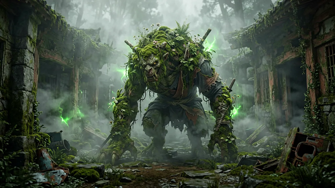 A range of corrupted silhouettes — beast, machine and plant-fused — under a blighted sky