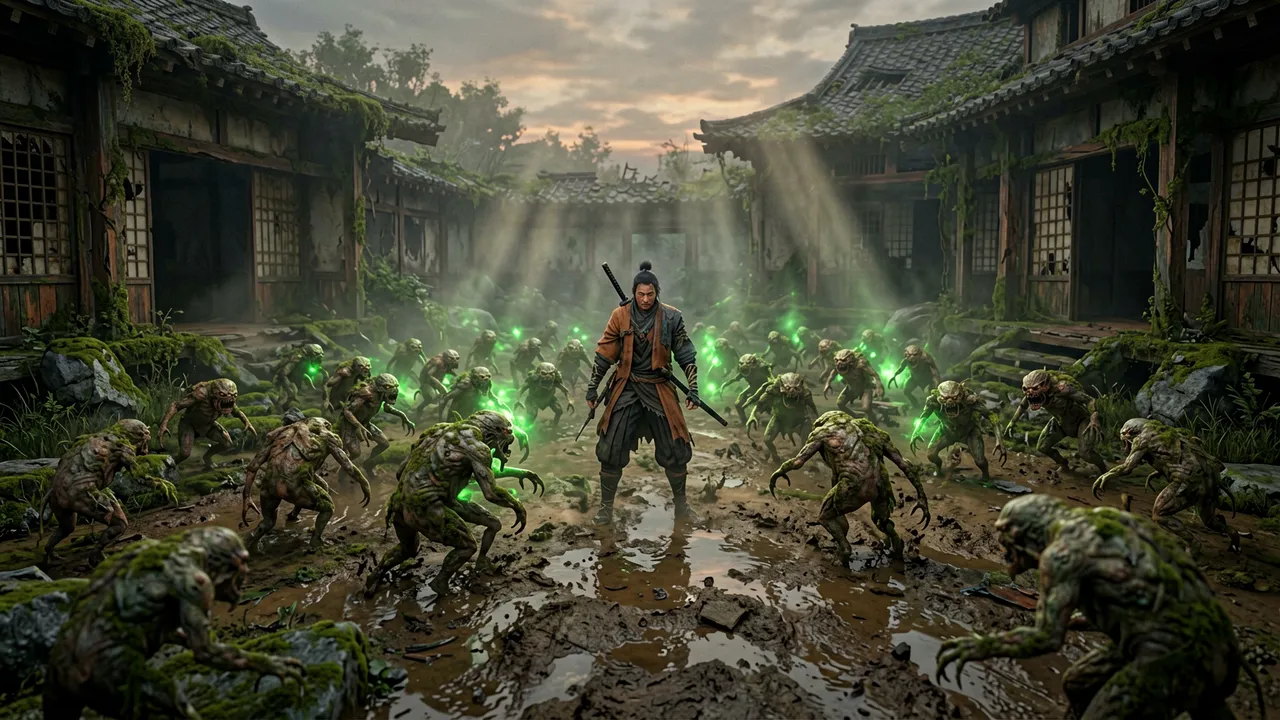 A swarm of small corrupted malefacts converging on a lone figure