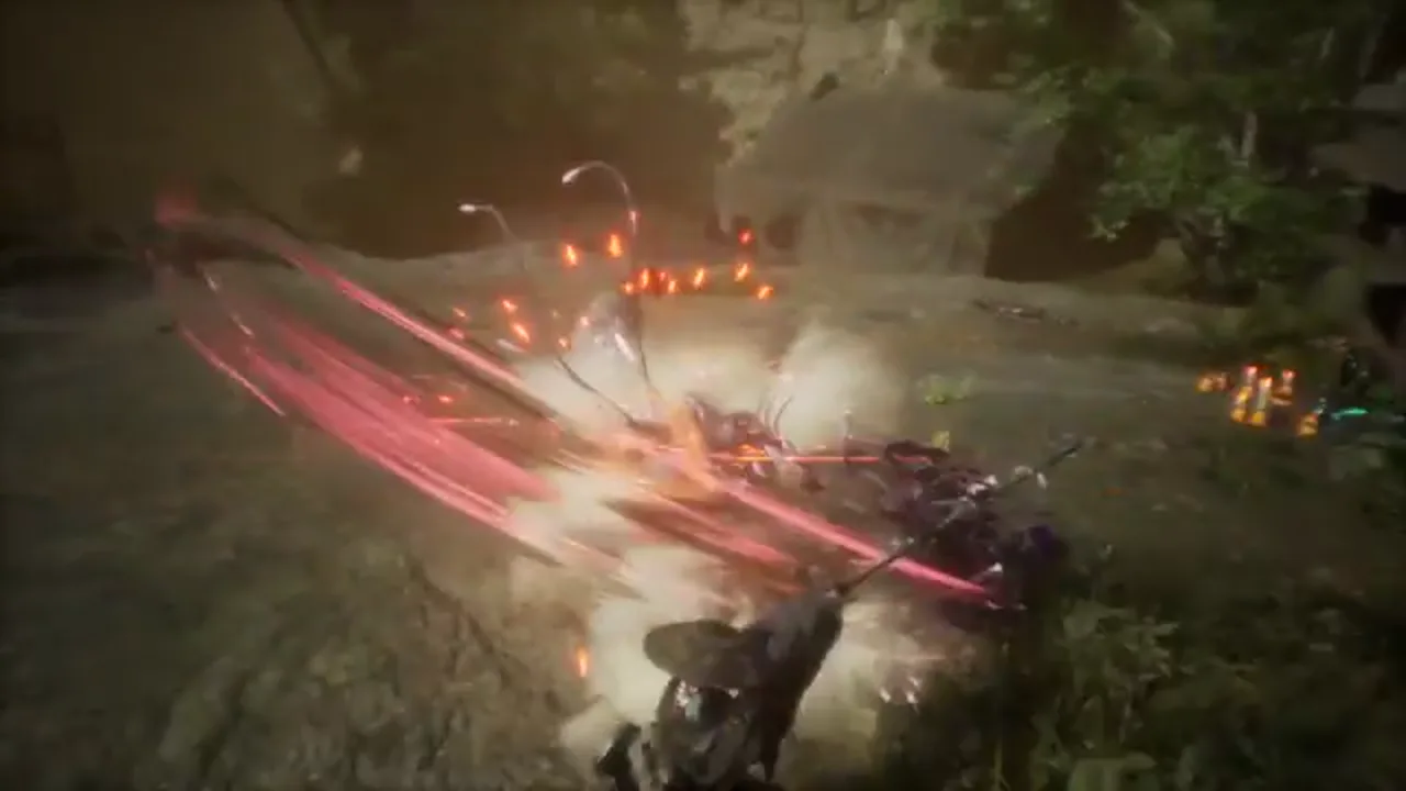 Emma attacks a hostile creature in a forest in an official Beast of Reincarnation Xbox trailer frame