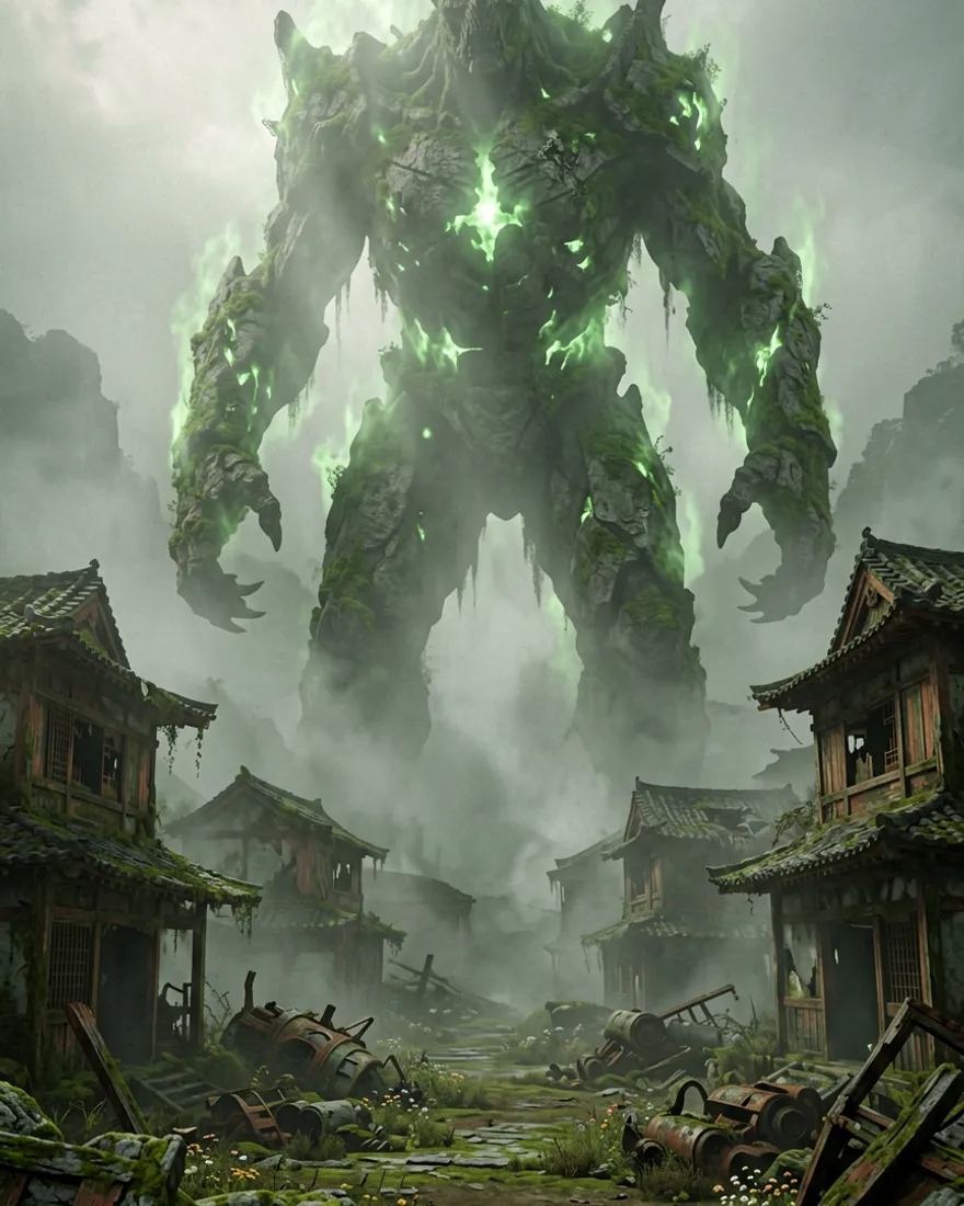 A vast, half-glimpsed corrupted entity wreathed in blight, looming over a ruined Japanese landscape