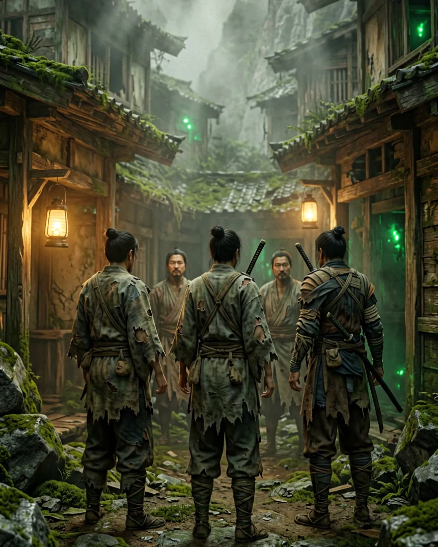 Wary human survivors gathered in a fortified mountain colony under a blighted sky