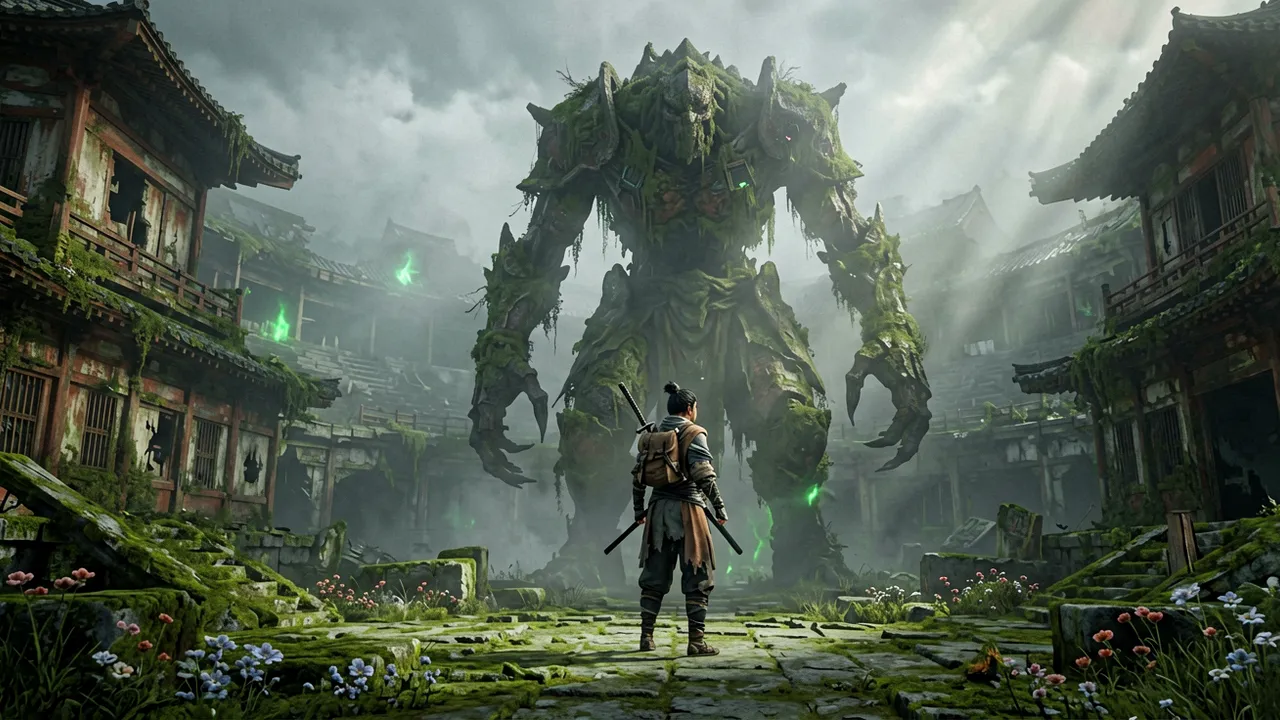 Emma facing a colossal boss malefact across a ruined arena