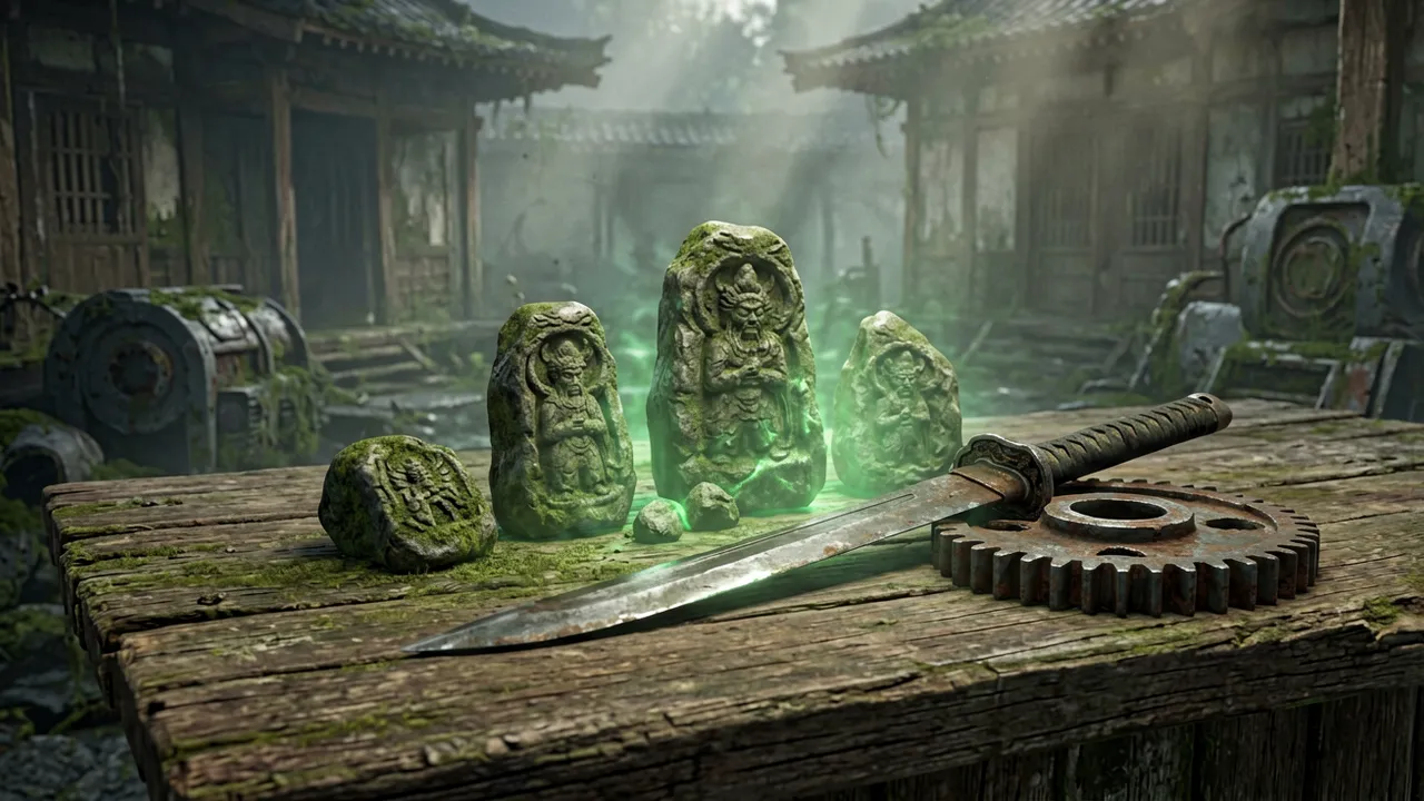 A build screen concept with skill tree, gear slots and glowing spirit stones