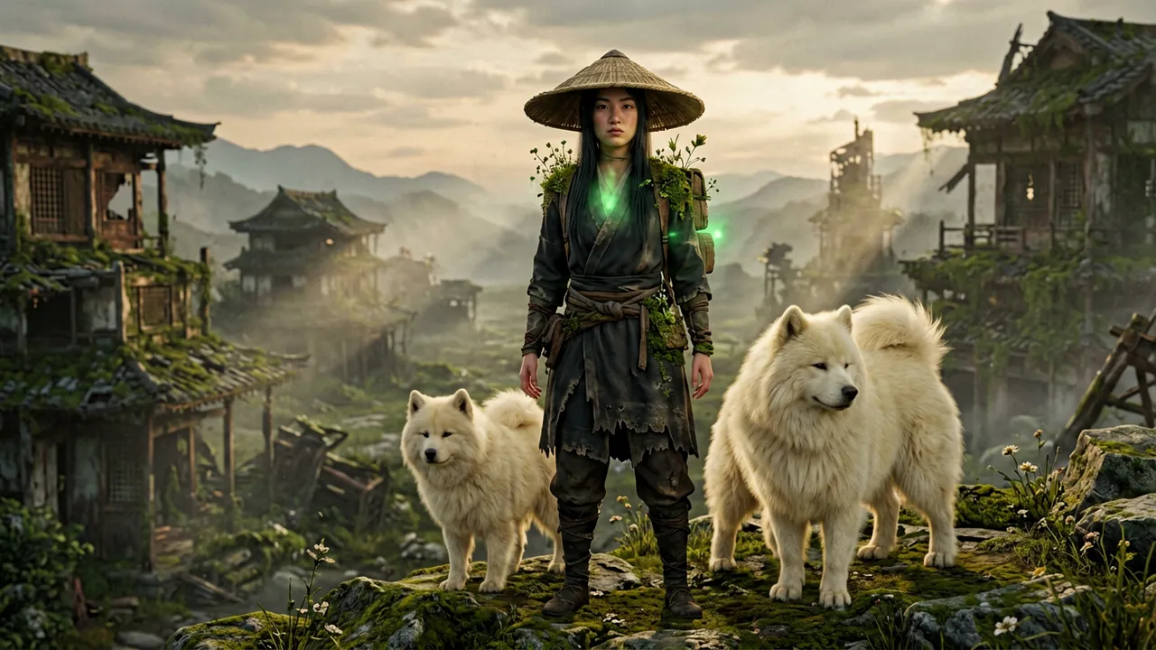 Emma and Koo overlooking blighted Japan — a montage of the game's key elements