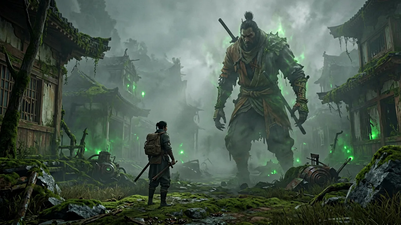 Emma squaring off against a towering foe in a moody, Souls-like composition