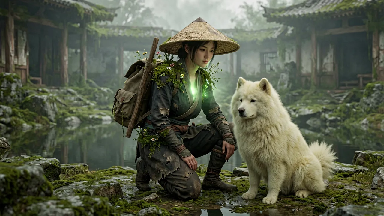 Emma and Koo before a blighted vista, the story's themes rendered as atmosphere