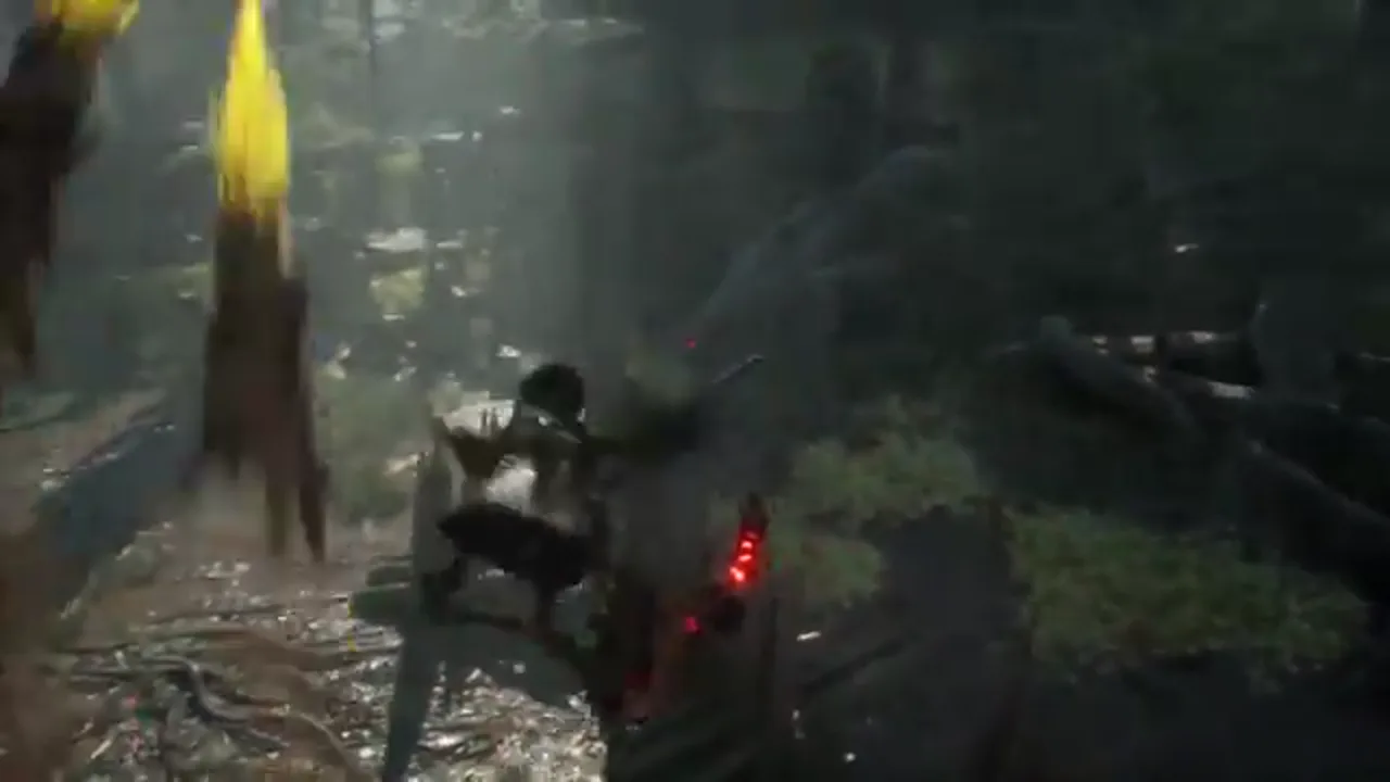 Emma fights a hostile creature in a ruined forest in an official Beast of Reincarnation Xbox trailer frame