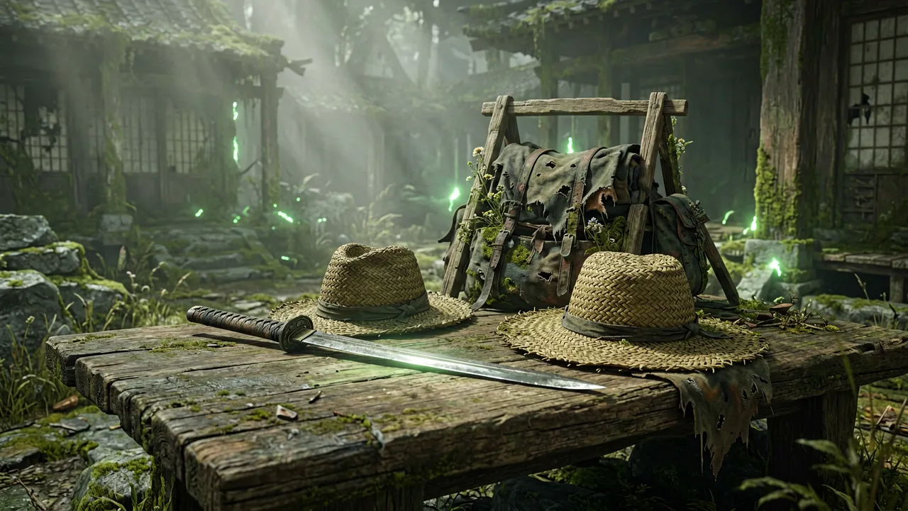 Emma's equipment laid out — blade, garments and blight-touched trinkets