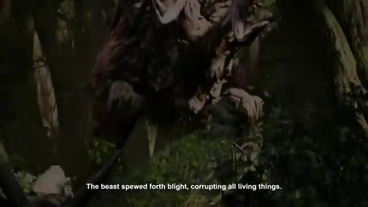 A large blighted creature moves through a forest in an official Beast of Reincarnation PlayStation trailer frame