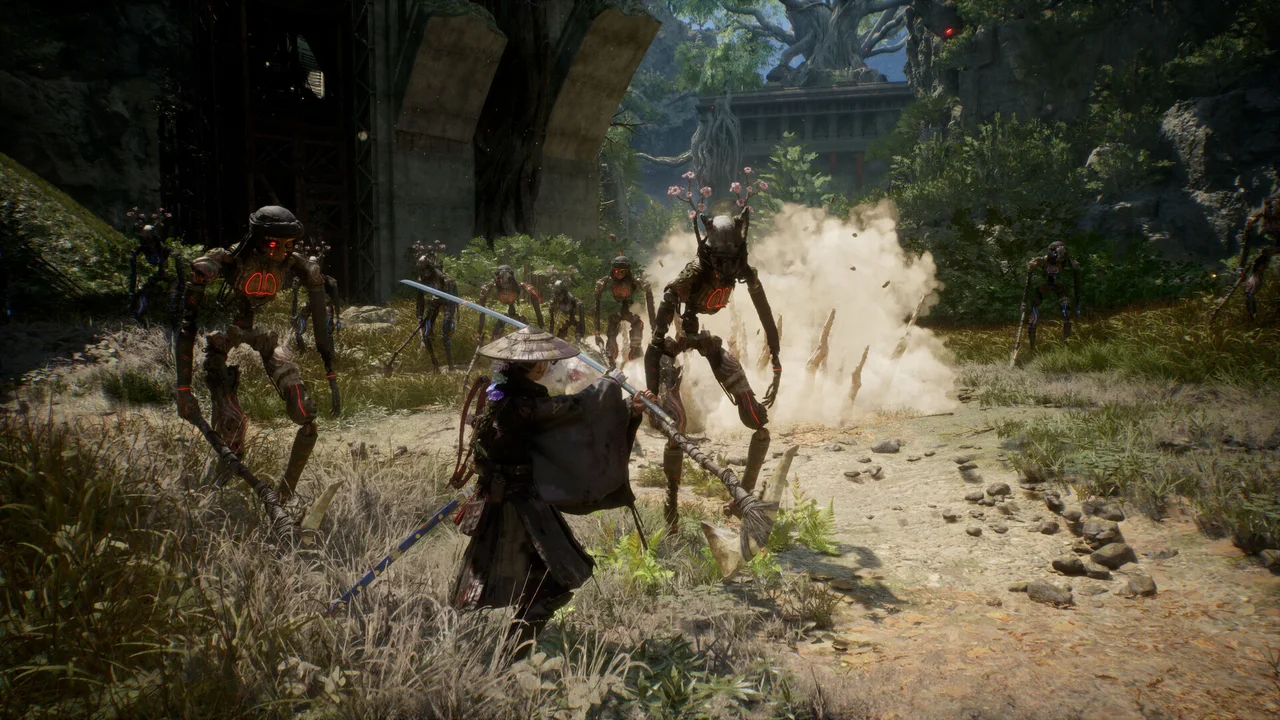 Koo lunging at an enemy on command while Emma readies a follow-up strike