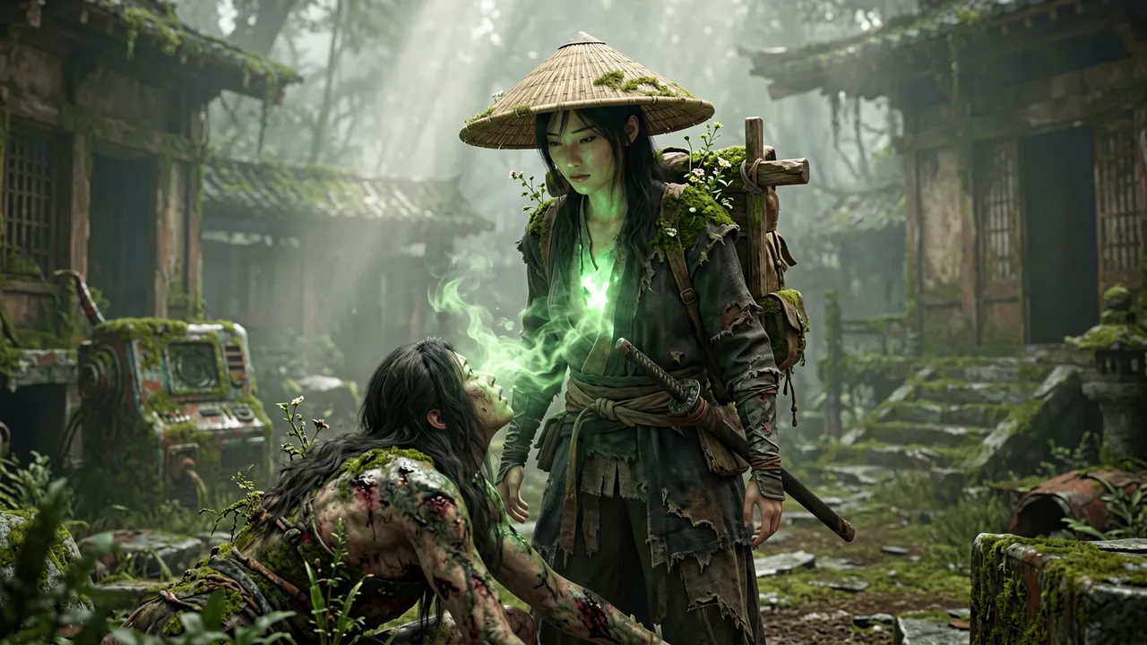 Emma absorbing glowing blight from a defeated malefact, corruption swirling into her