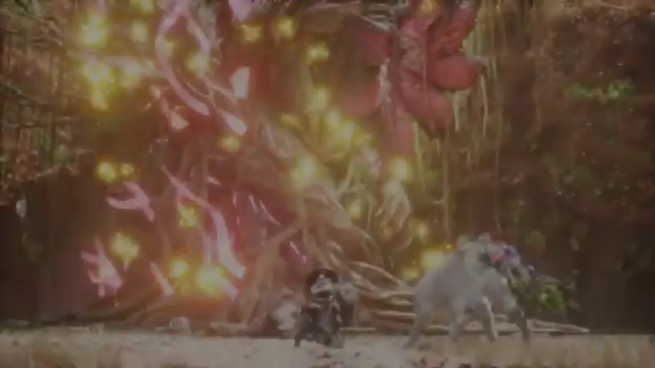 Emma and Koo face a large vine-covered creature in an official Beast of Reincarnation Xbox trailer frame