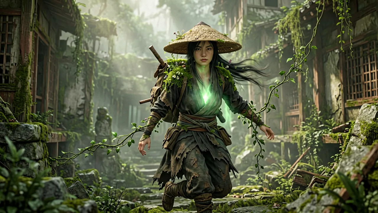 Emma swinging across a chasm on vines extended from her hair