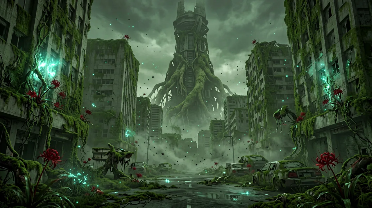 A high-concept illustration showing a post-apocalyptic Akihabara, Tokyo, overgrown with glowing green vines and blight spores, capturing the far-future setting of the game.