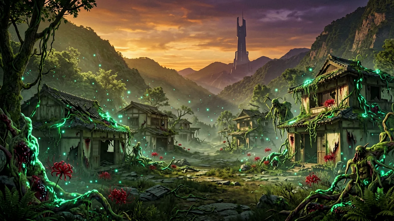 A scenic view of a desolate, futuristic Japanese valley at sunset, where ancient wooden gates are overrun by dark, glowing blight vines.