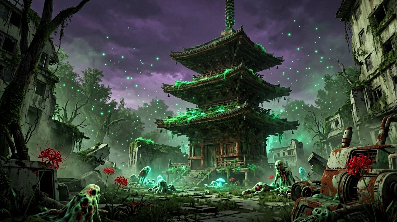 A scenic digital painting of a post-apocalyptic twilight over overgrown Japanese ruins with green blight spores drifting in the wind, evoking a release countdown atmosphere.