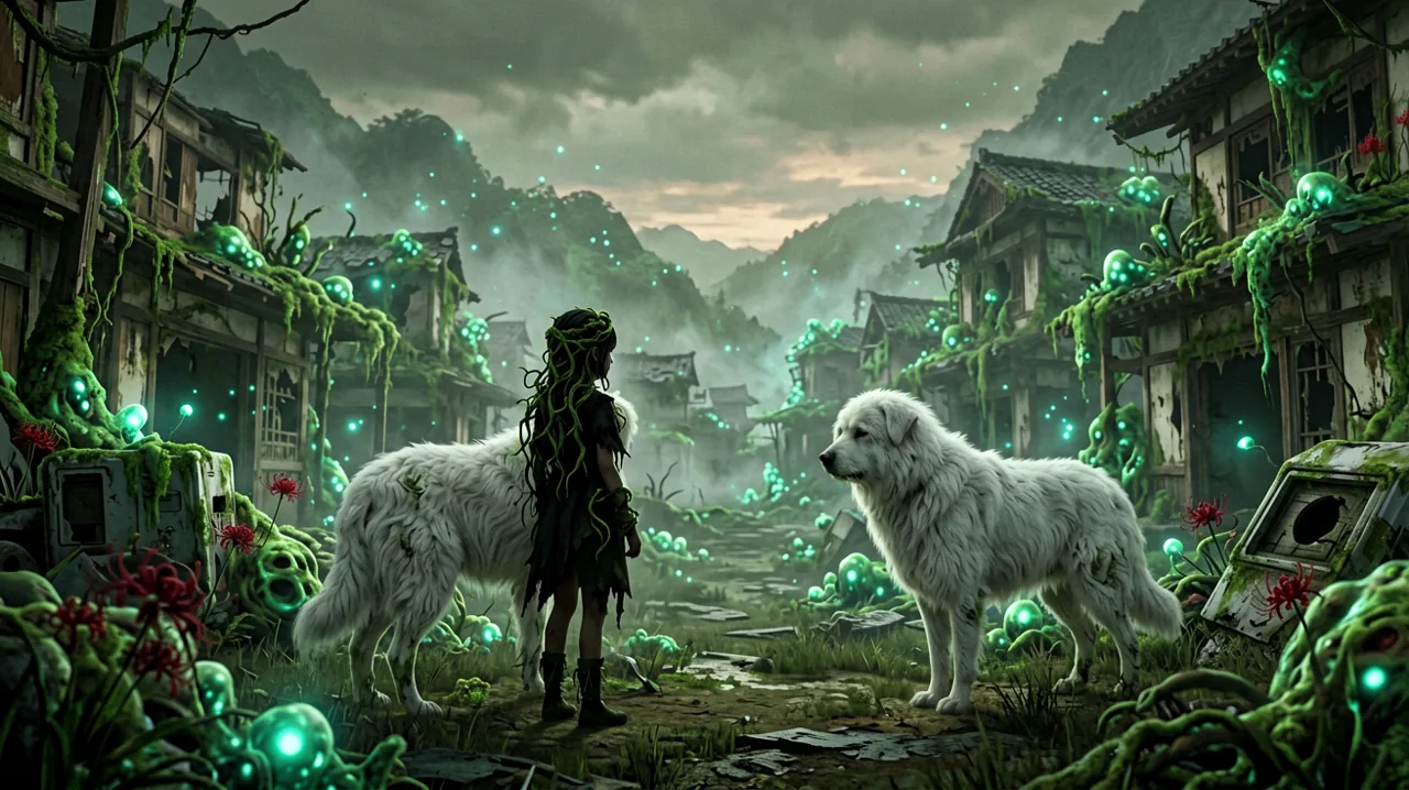 A scenic concept art of a ruined futuristic Japanese settlement overrun by green blight spores at dusk, capturing a post-apocalyptic atmosphere.