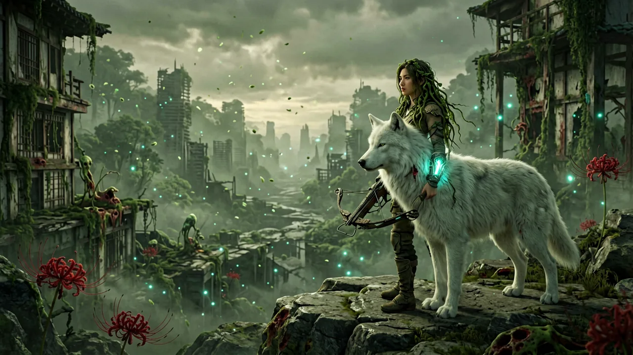 An 18-year-old warrior girl Emma and her large white wolf-like dog companion Koo standing together in a decaying, vegetation-overgrown futuristic Japan under a twilight sky.
