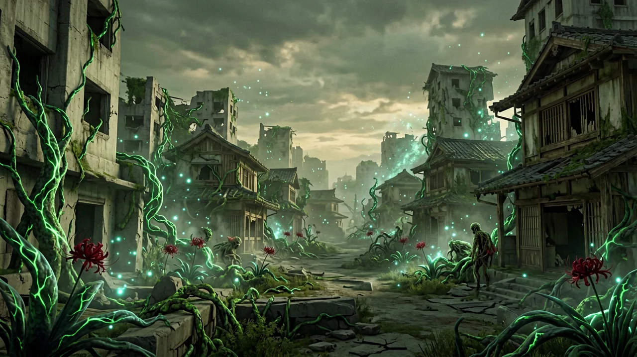 A decaying futuristic shrine in post-apocalyptic Japan overgrown with glowing, vein-like green moss under a dark twilight sky.