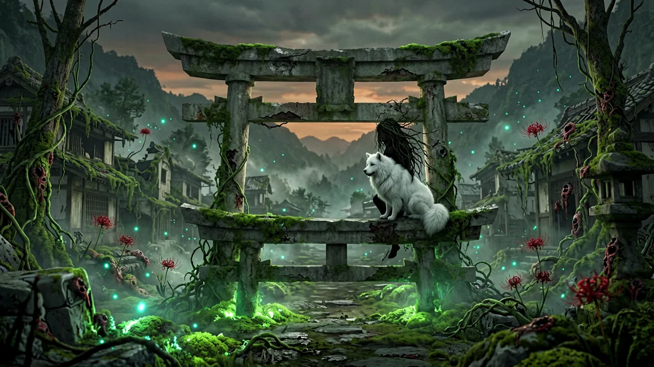 A lone girl with wild vine-like hair and a massive white dog standing at the edge of a ruined mountain village overgrown with glowing green vegetation under a dim dusk sky.
