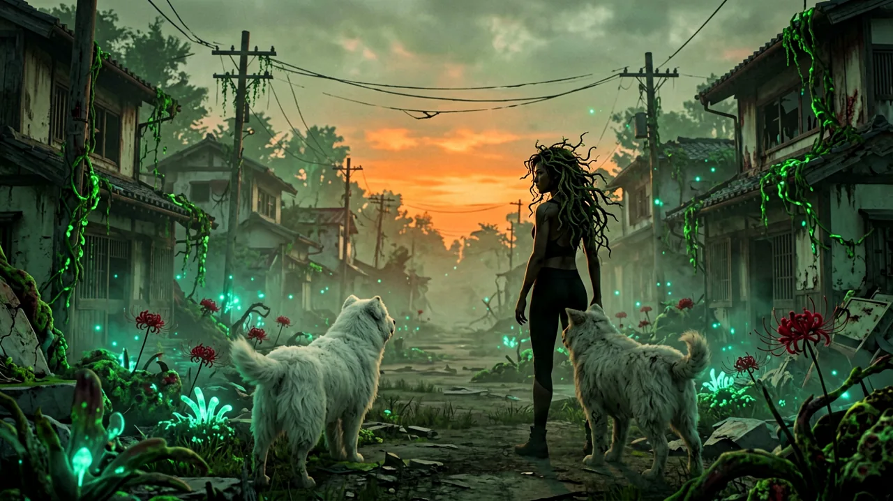 A lone female silhouette stands beside a large white dog on a grassy cliff overlooking a ruined futuristic Japanese town at sunset.