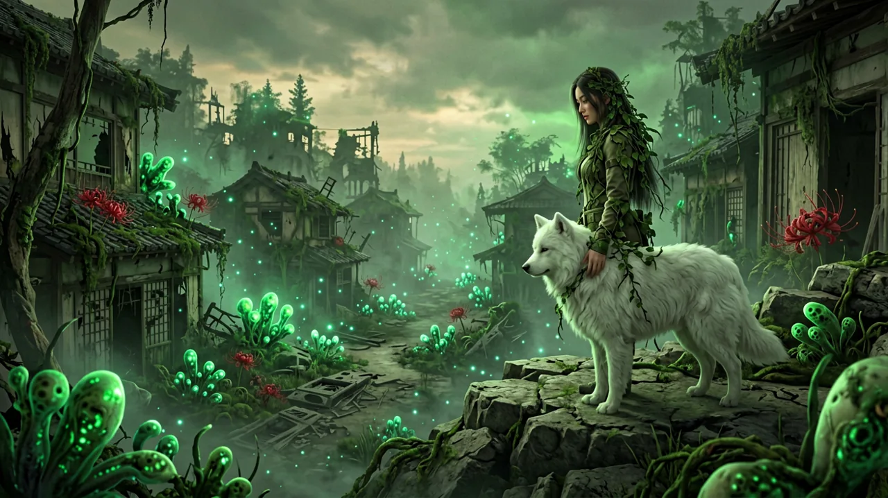 A lone young woman with leafy vines woven into her hair and a large white shaggy dog standing on a ridge looking out over a ruined, vegetation-choked future Japanese town at dusk, under an eerie glowing sky.
