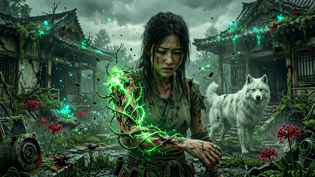 Concept art of Emma observing her mutated vine-arm amidst glowing blight spores in ruins of Japan