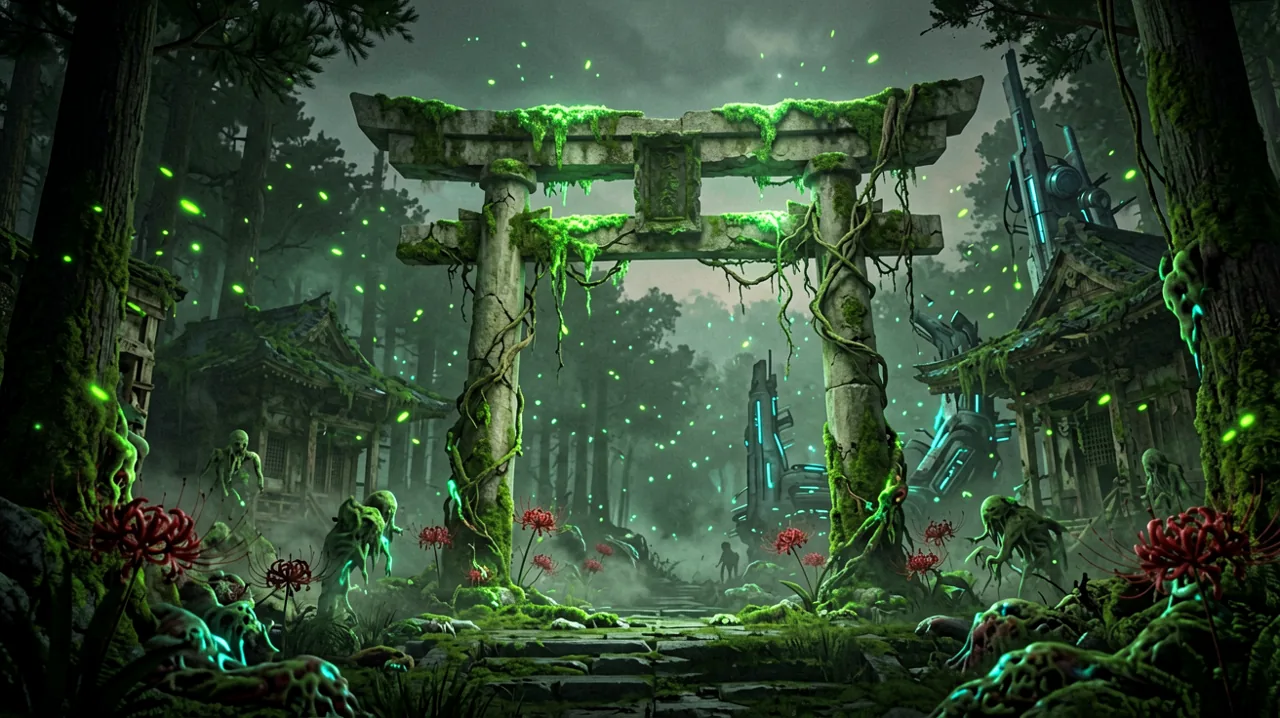 A cinematic vision of a ruined, moss-covered torii gate in a post-apocalyptic Japanese forest with glowing green spores drifting in the air.