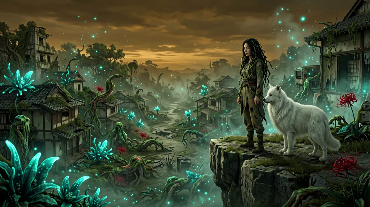 Emma and her white dog Koo overlooking a decaying Japanese landscape at sunset, symbolizing their upcoming journey.