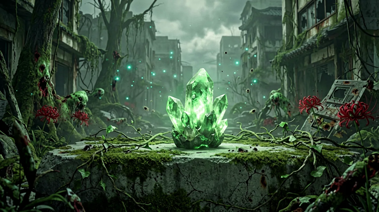 A detailed view of an ancient Japanese stone relic glowing with faint green energy, resting on moss in a ruined concrete plaza.