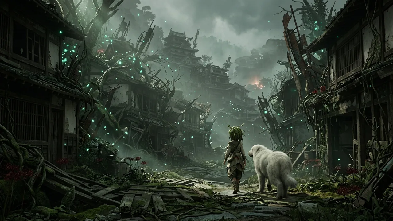 A young girl and her massive white canine companion traverse an overgrown, ruined Japanese settlement.