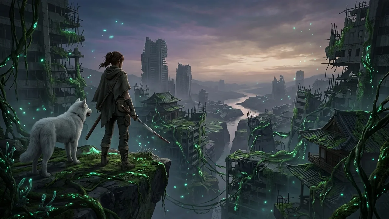 A young woman wielding a blade and a large white long-haired dog companion standing on a cliff overlooking a ruined futuristic Japanese settlement.