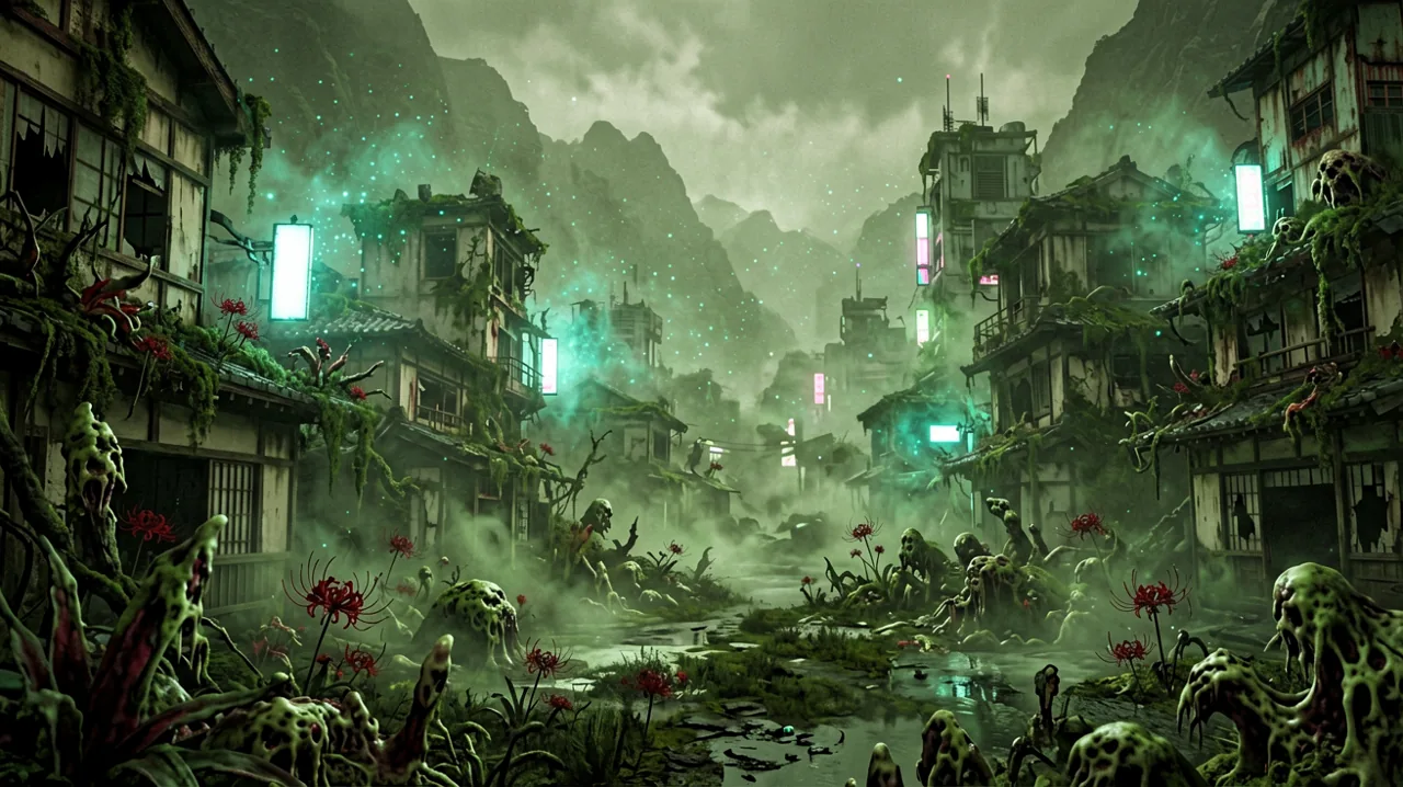 A sprawling far-future Japanese mountain settlement overgrown with mutated green flora under eerie neon lighting.