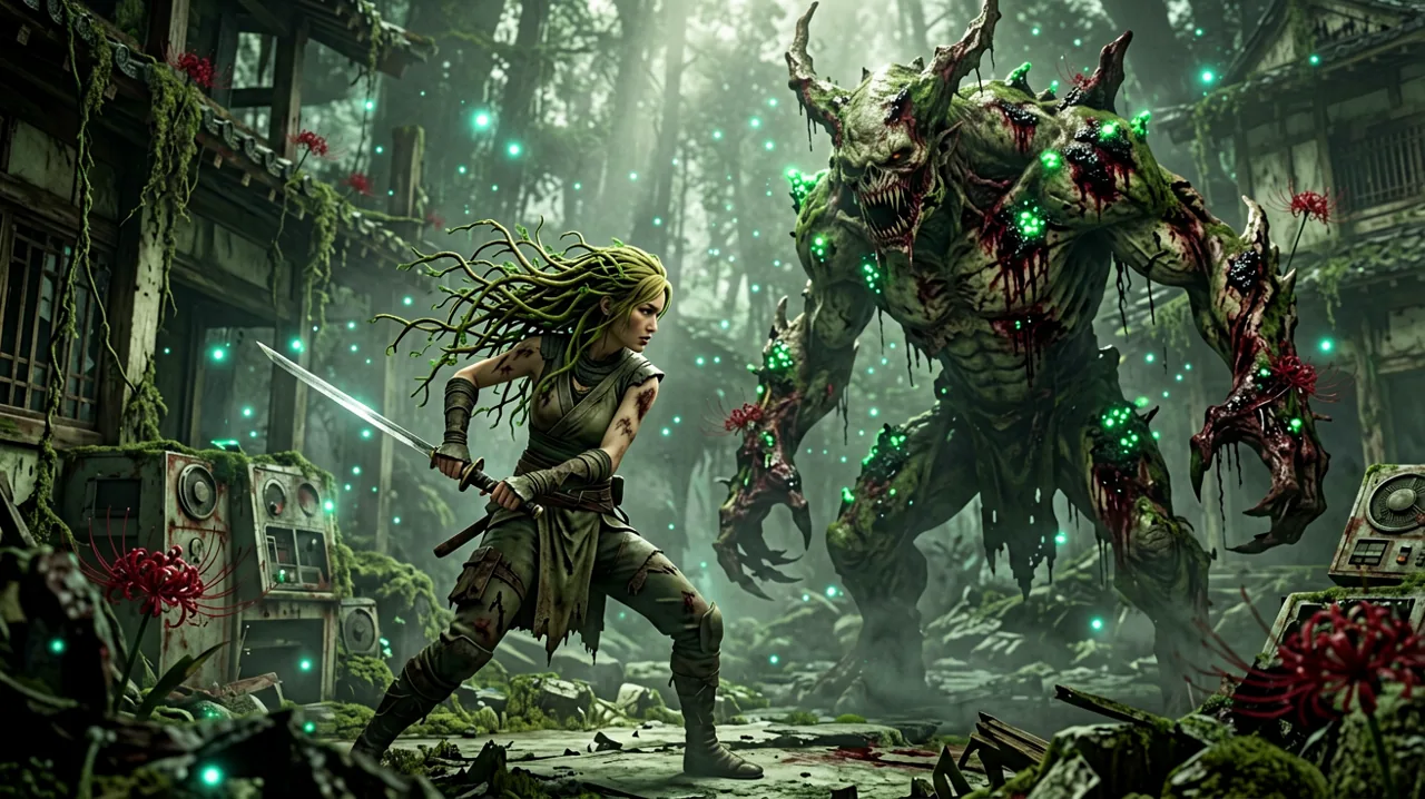 Emma stands ready in a ruined Japanese settlement, wielding her blade and glowing vine hair against a looming mutated beast in the blight-infested wilderness.