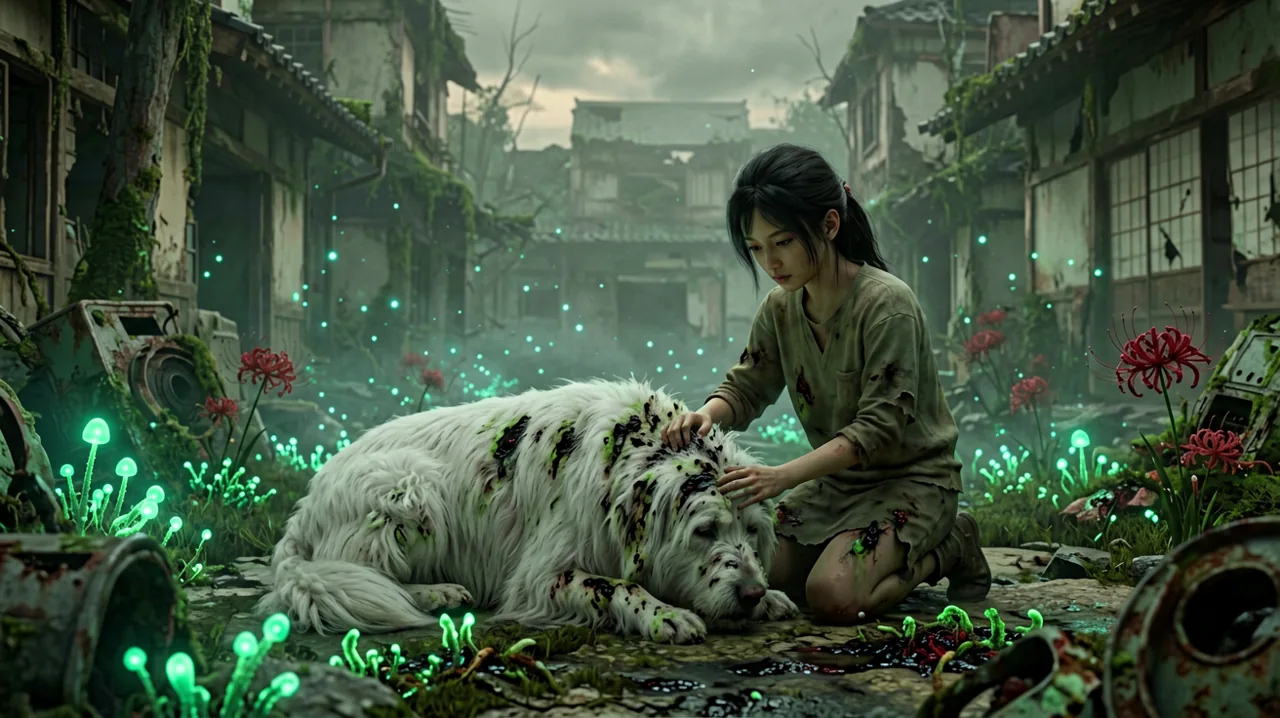 Emma gently washing the white fur of her companion dog Koo in a ruined Japanese village filled with glowing blight spores.