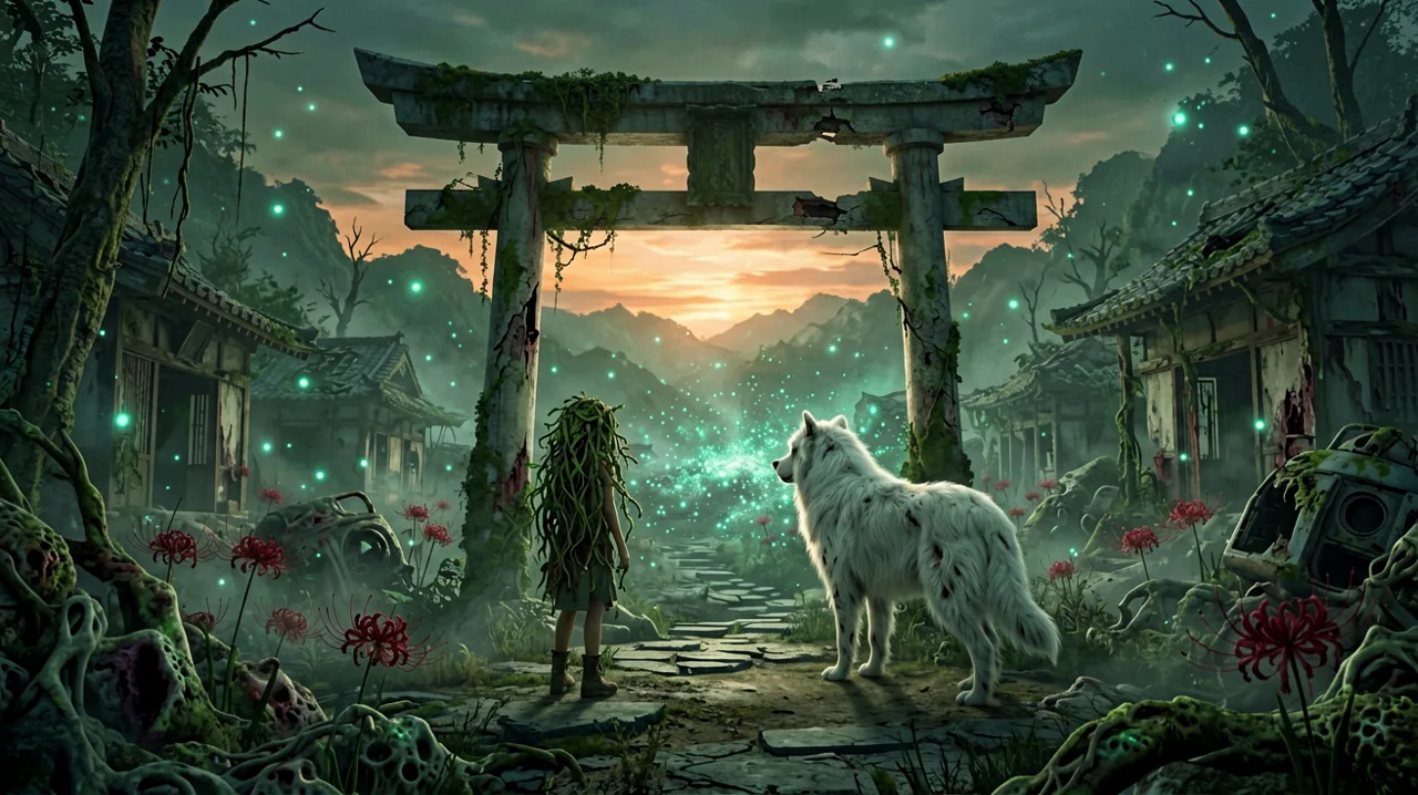 Emma and Koo overlooking a ruined Japanese settlement at twilight, evoking a pre-launch countdown atmosphere.