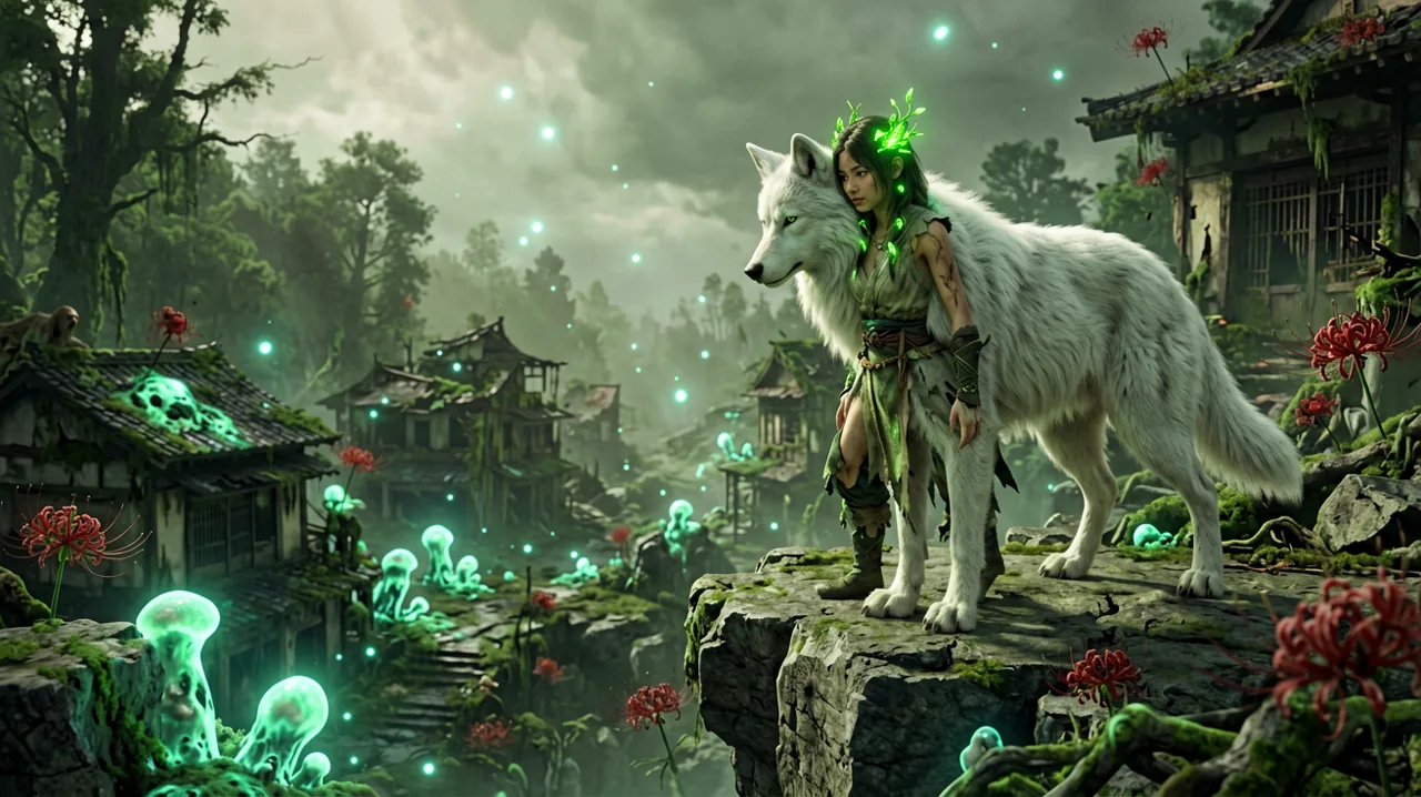 A lone female warrior and her massive white canine companion overlooking a ruined futuristic Japanese settlement consumed by glowing green flora.