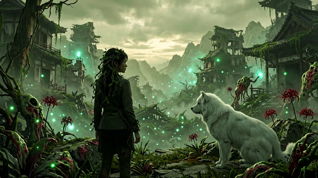 A cinematic twilight view overlooking a ruined futuristic Japanese mountain settlement as the launch countdown approaches.