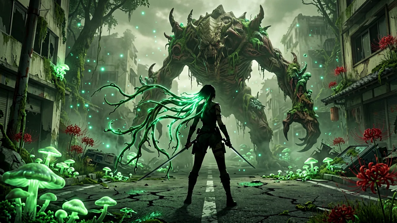 A lone warrior silhouette using glowing vine appendages to maneuver around a colossal mutated beast in a ruined city.