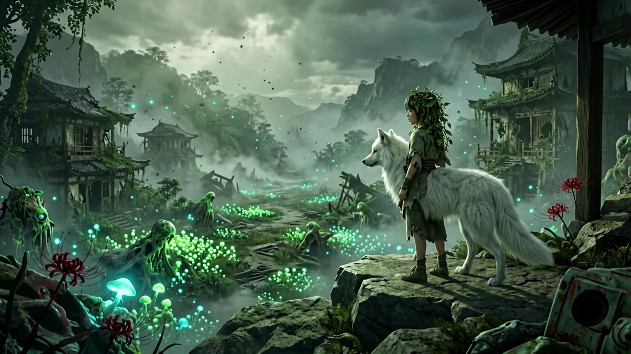 A teenage girl with plant-like hair and a white dog overlooking a vast, glowing green wasteland at twilight, waiting for the journey to begin.