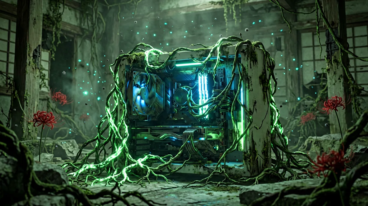 A high-end PC gaming setup heavily overgrown with glowing green blight vines in a ruined room