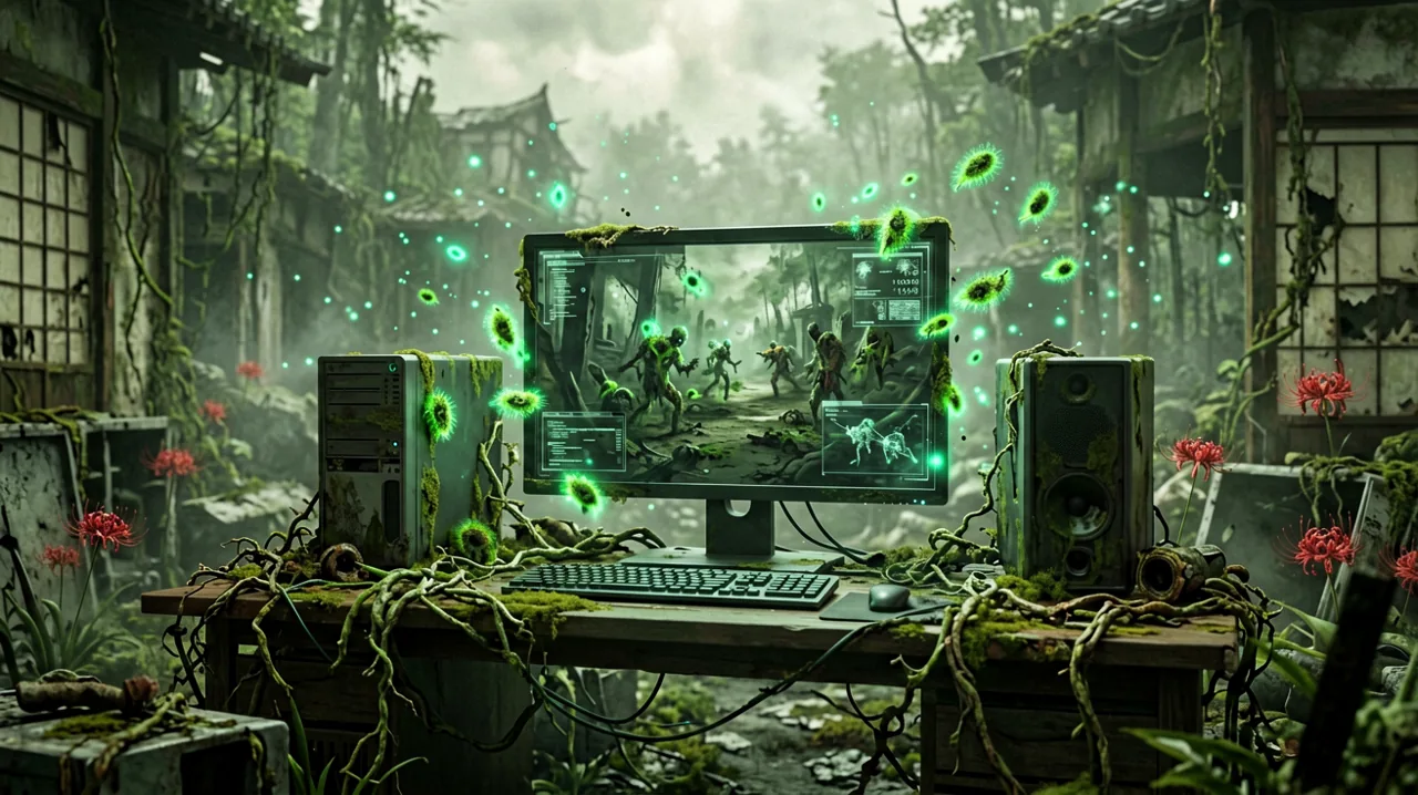 A PC setup superimposed over the ruined, overgrown landscapes of a blighted Japan, illustrating technical analysis.
