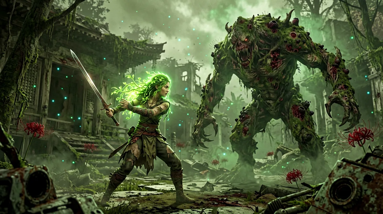 A young female warrior with plant-like hair vines wielding a sword in a ruined Japanese setting, facing off in a cinematic standoff against a massive mutated beast.
