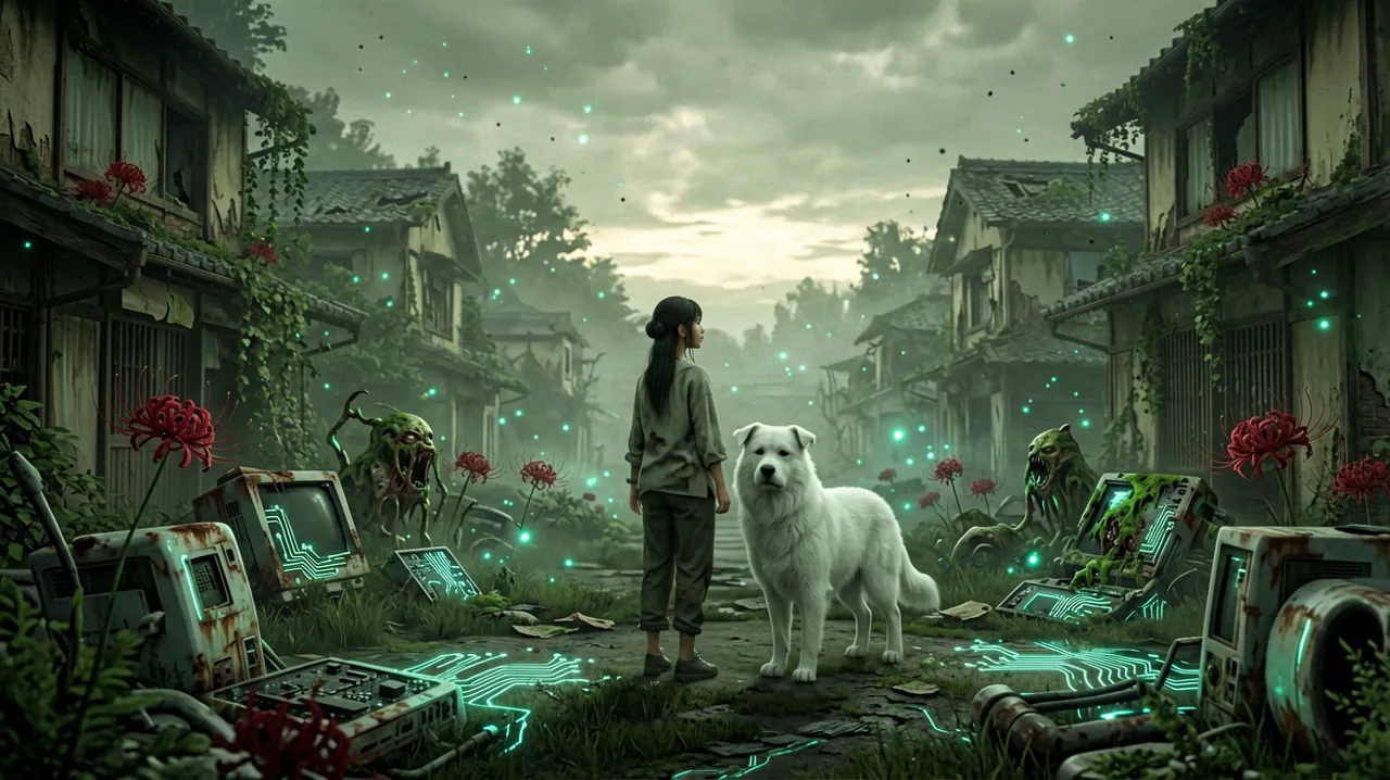 A young woman and a large white dog standing in a ruined futuristic Japanese street covered in green blight, with holographic interface elements overlaying the scene.