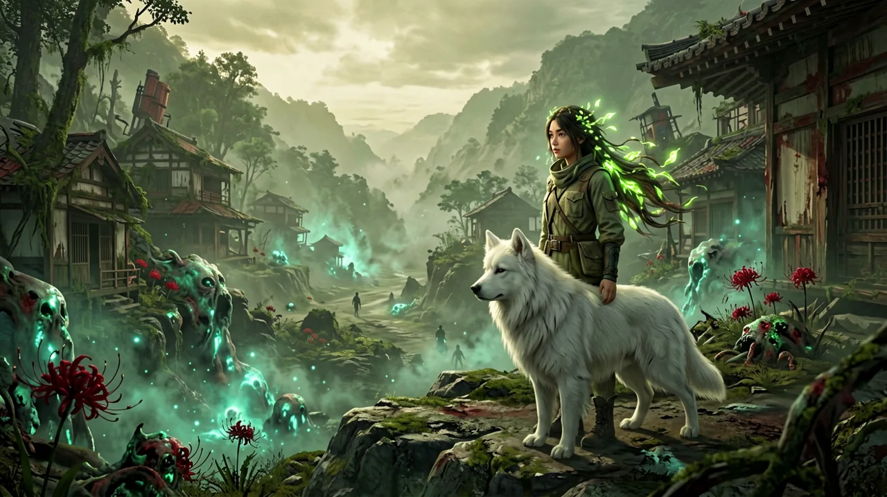 Emma and Koo standing on a ruined cliffside in a post-apocalyptic Japanese settlement.