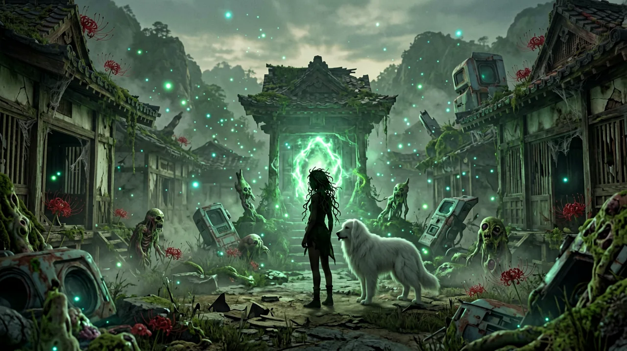A peaceful ruined Japanese mountain settlement where traditional wooden structures intertwine with decayed futuristic technology.