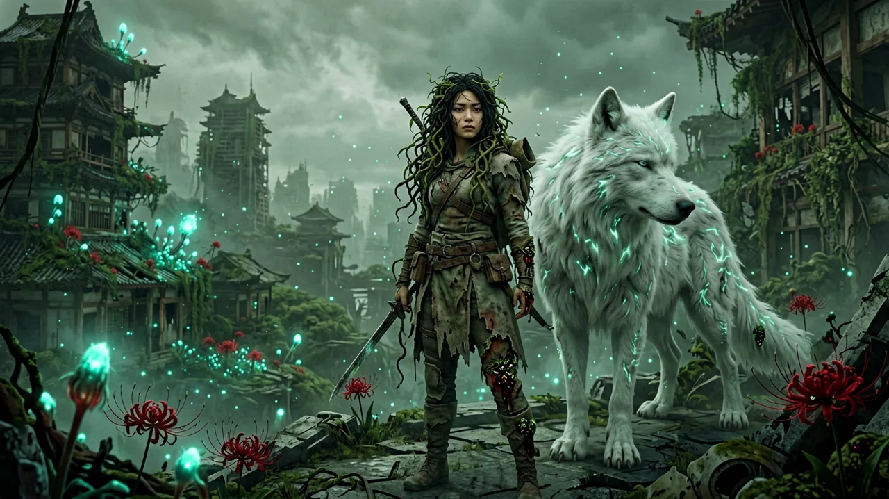 A young female warrior with vine-like hair stands alongside a massive white dog, overlooking a decaying, overgrown futuristic Japanese valley.