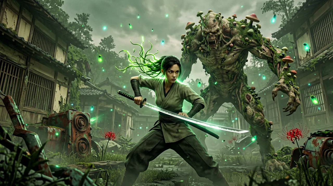 Emma wielding a 1960s-style blade and plant-like hair vines while facing a colossal, spore-spewing malefact in a ruined Japanese settlement.