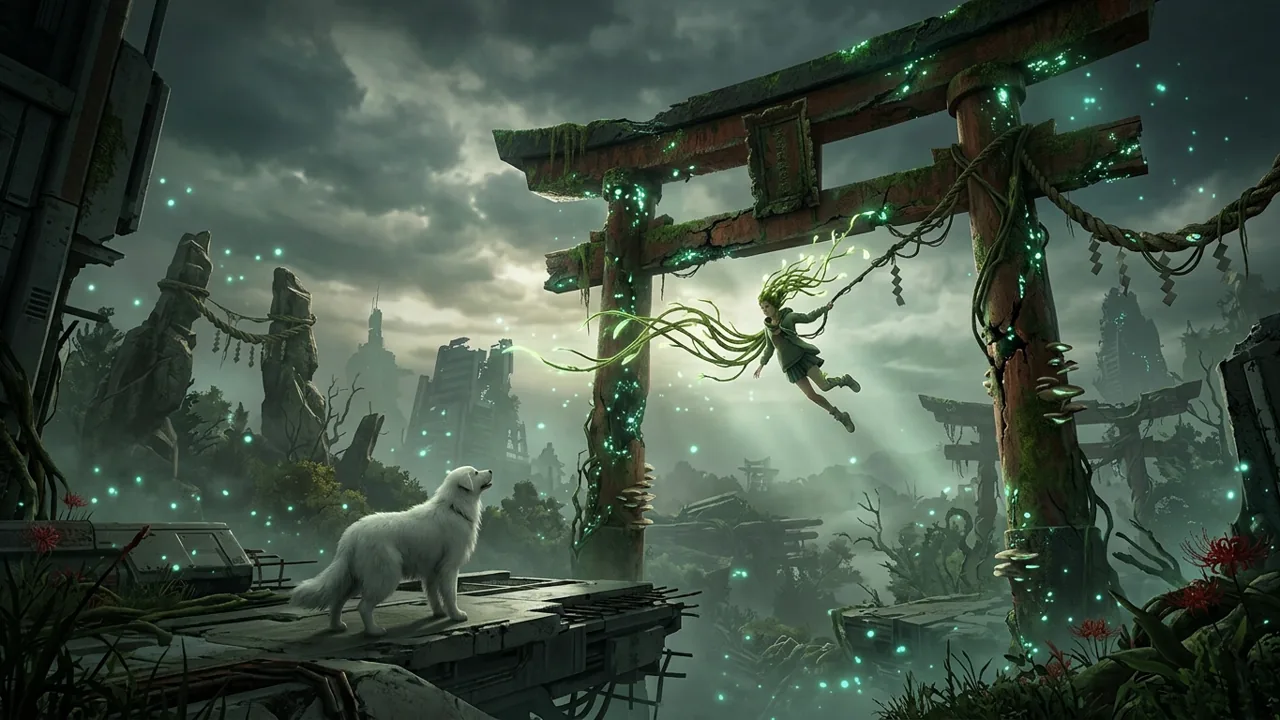 Emma using her vine hair to navigate the overgrown ruins of a torii gate while Koo watches from below.